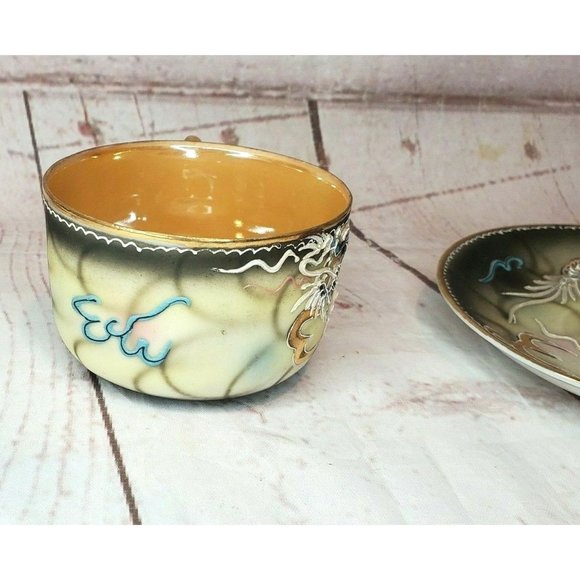 Vintage Japanese Dragonware Teacup & Saucer Set Moriage Demitasse Hand Painted - Picture 6 of 11